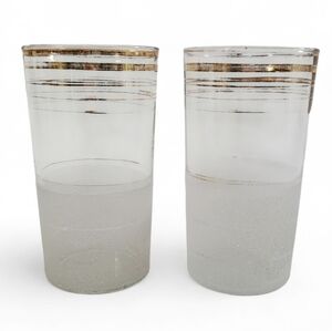🔴 Vintage Frosted Highball Glasses with Gold Banding MCM Barware Set